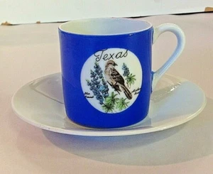 Vintage Souvenir Miniature Mug and Saucer Texas Blue Bonnet Mockingbird Graphics - Picture 1 of 9