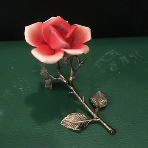 Vintage Porcelain Capodimonte 50s Kitsch Pink Red White Rose Brass Pewter Leaves - Picture 1 of 8