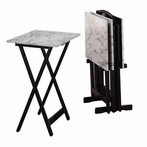 5-Piece White Faux Marble TV Snack Food Tray Set Black Stand Dining Cart Storage - Picture 1 of 7