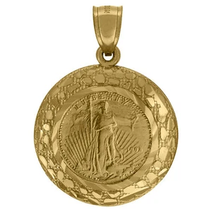 10kt Yellow Gold Diamond-Cut Nugget Lady Liberty Medallion Charm Pendant - Picture 1 of 2