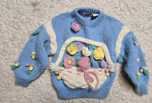 Vintage Girls Sweater 4 Acrylic Blue Floral Popcicle - Picture 1 of 3
