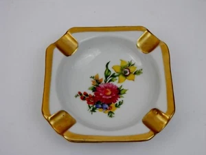 Vintage Bavaria Waldershof Ashtray Pink, Yellow & Blue Flowers 22kt Gold Rim - Picture 1 of 5