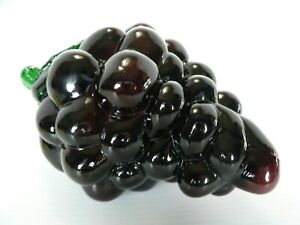 VINTAGE PURPLE GLASS GRAPE CLUSTER WITH GREEN LEAVES