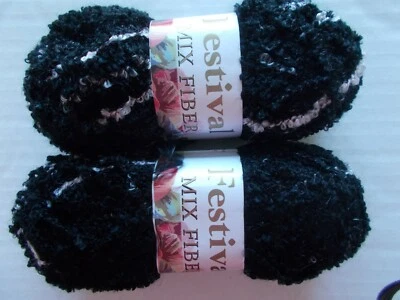 Festival Mix Fibra Boucle Hilo, Negro con Acentos Gris/Blanco, Lote de 2 Foto 1 de 2