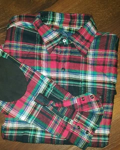 Polo Ralph Lauren Western Patch Suede Elbow Snap Plaid Flannel Shirt L Mens Vtg - Picture 1 of 6