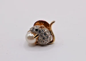 Spilla vintage topo con strass occhio verde perla PIn risvolto - Foto 1 di 5