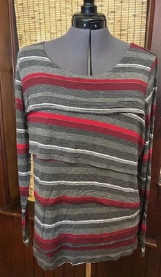 VTG Tribal Layered Top Gray/Red Tier Scoop Neck Long Sleeve Stretch Women's XL - Image 1 of 2