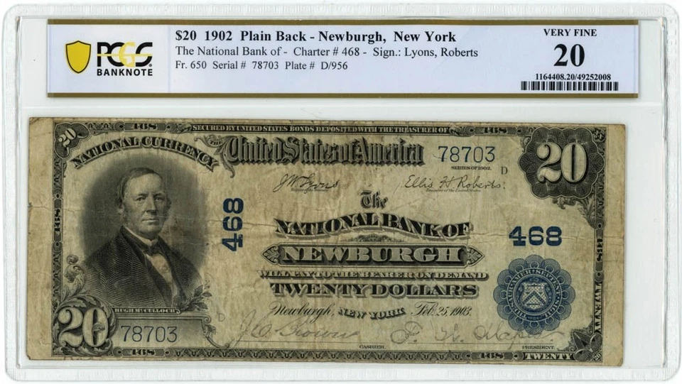 FR 650 $20 1902 Newburgh, NY National Bank Of Newburgh Charter 468 VF20 PCGS  - Image 1 of 3