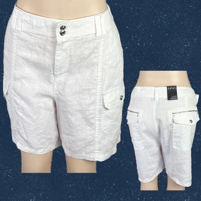 Inc International Concepts +24W White Button Zip Waist 100% Linen Pockets Shorts - Image 1 of 4
