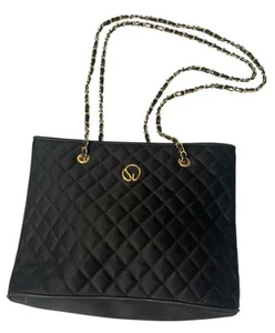 St. John Quilted Fabric Handbag Black Gold Tone Zipper Large Designer Luxury - Picture 1 of 11