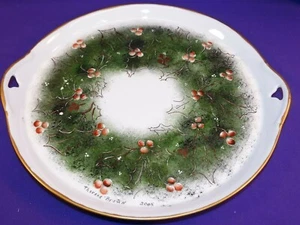 HAND PAINTED CHRISTMAS COLLECTORS SERVING PLATTER PLATE HOLLY & BERRIES SIGNED - Bild 1 von 4
