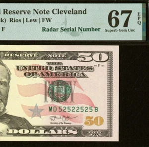 2013 $50 FRN Cleveland PMG 67EPQ - 2-Digit Fancy Radar Serial Number 52522525 - Picture 1 of 3