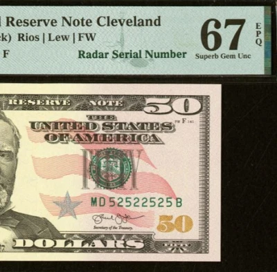 2013 $50 FRN Cleveland PMG 67EPQ - 2-Digit Fancy Radar Serial Number 52522525 - Image 1 of 3