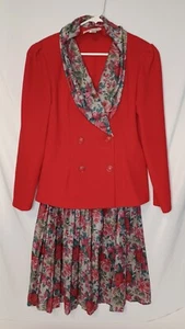 Vintage Pablo Collection Red Rose Jacket Skirt Set USA Size 14 Petite Christmas  - Picture 1 of 11