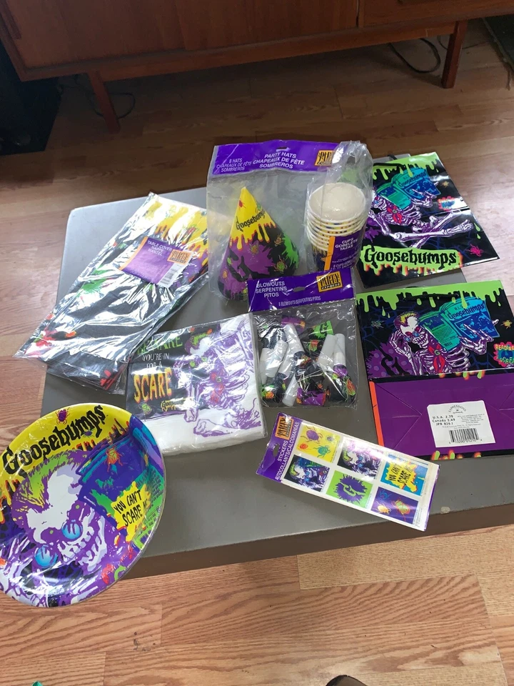 Vintage Goosebumps Party assortment Plates Hats Cups Napkins stickers Sealed. - Image 1 of 4