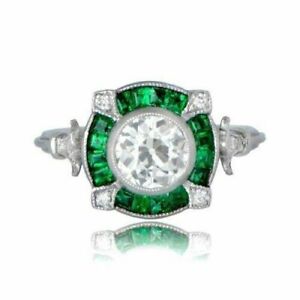 2.90CT Round Cut Simulated Emerald Engagement Ring 14K White Gold Plated Silver