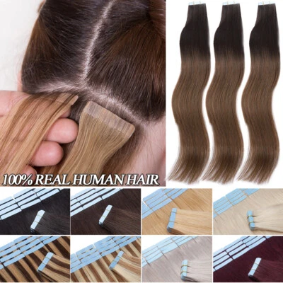 CLEARANCE Tape In Remy Human Hair Extensions Skin Weft Full Head Body Wave Thick - Image 1 of 4