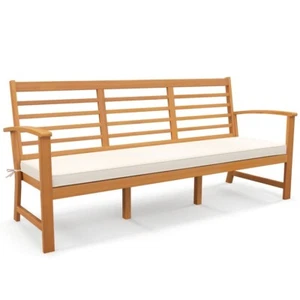 64" Acacia Wood Extra Long Patio Bench 3 People w/ Seat Cushion Slatted Backrest - Picture 1 of 9