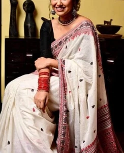 Assam Handwoven Khadi Cotton Saree Pure Mercerized Cotton Saree, Blouse Piece - Picture 1 of 8