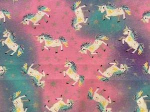 Unicorns with Glitter Stars Novelty Cotton Fabric By the Quarter Yard 9" x 43 - Picture 1 of 1