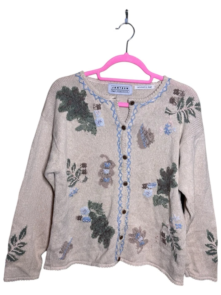 Suéter Jantzen vintage de los años 40 para mujer L/XL estilo bosque bordado a mano cárdigan Foto 1 de 3