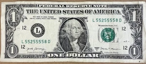 TRINARY Six of Kind 5’s 2017A $1  L 55255558 D Fancy Serial Number - Picture 1 of 2