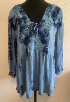 Babydoll Vintage America Boho Azul TieDye Crochet Encaje Manga 3/4 Talla L Foto 1 de 4