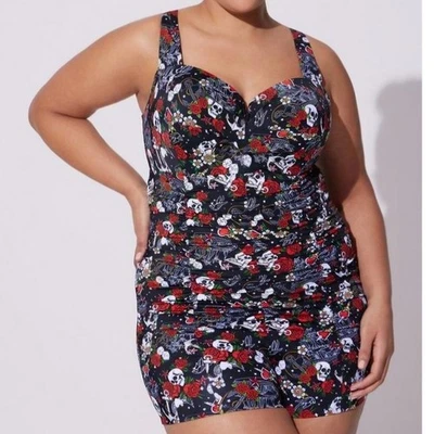 全新带标签 Torrid 复古钢圈游泳连身裤泳装垃圾头骨玫瑰航海 3X — 第 1/4 张图片