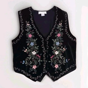 Chrysantheme Womens M Vest Black Velvet Floral Embroidered Cotton Boho Fairy - Picture 1 of 7