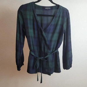 J Crew Mercantile Shirt Womens 4 Plaid Tartan Faux Wrap Blue Green  Academia - Picture 1 of 7