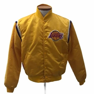 Los Angeles Lakers Bomber Jacket Starter Yellow Satin Basketball NBA VTG Size L - Picture 1 of 11
