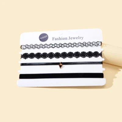 90's Black Chokers Grunge Lace Necklace Retro Chain Stretch Jewellery 4pcs/set - image 1 of 4