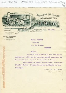 Dépt 93 - Montreuil/Bois 29 Rue Chereau - Belle Entête Fabricant de Pianos 1909 - Picture 1 of 1