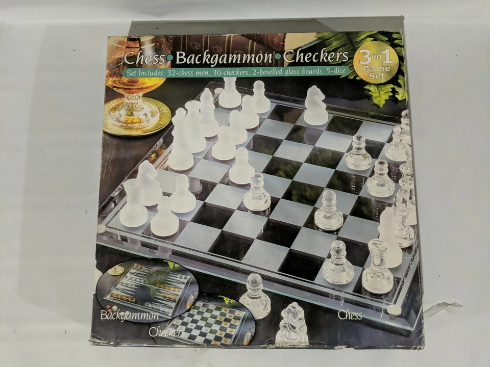 3 N 1 Studio Silversmiths Chess Backgammon Checkers Glass Board Game Set