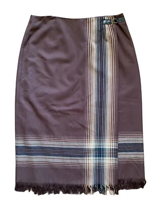 Falda manta Sag Harbor envolvente marrón a cuadros rayas flecos dobladillo XL talla 16 Foto 1 de 4