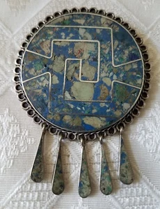 MEXICAN STERLING SILVER INLAID TURQUOISE PIN PENDANT  21.7 GRAMS - Picture 1 of 5