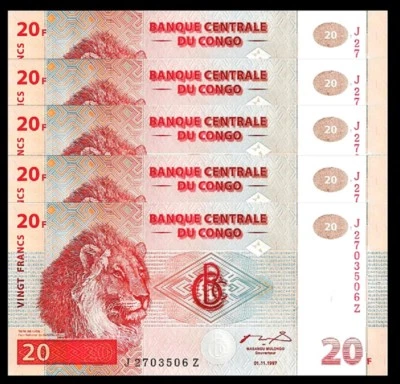 CONGO 20 FRANCS 1997, J-Z REPLACEMENT, 5 PCS LOT, CONSECUTIVE, UNC, P 88a, LION - Image 1 of 4