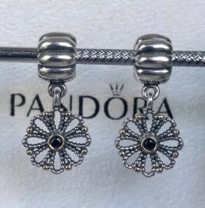 Pandora Sterling Silver 925-14k Gold Two Toned Black CZ Lace Flower Dangle Clips - Picture 1 of 4