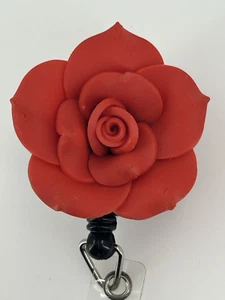 Red Rose Badge Clip Holder Retractable Cord - Picture 1 of 4