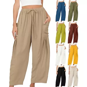 Women Summer Pants Casual Loose High Waist Wide Leg Long Lounge Pants Trousers - Picture 1 of 51