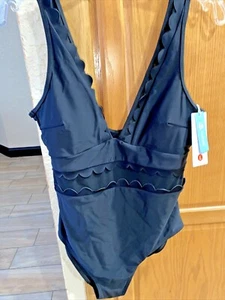 CUPSHE V Neck One Piece Swimsuit Ruffled Mesh Cutout Black Sz Lg NWTS y4 - Picture 1 of 7
