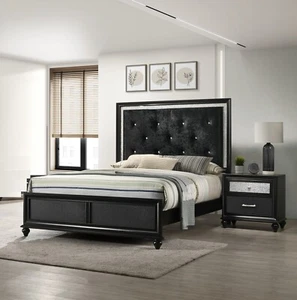 3pc Modern Black Finish Faux Crystal Tufted Queen Size Panel Wooden Bedroom Set - Picture 1 of 4