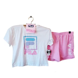 Fila Pink Shorts Set 10 Girls BONUS Hair Scrunchie Mesh Shorts Fila Spellout - Picture 1 of 5