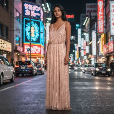 BHLDN Sequined Shimmering Beige Formal Maxi Dress Zip Back Lined Events Holiday - Image 1 of 4