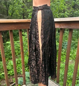 Vintage 70s Wrap Skirt Satin Brocade Golden Floral Complete Slit Pleats Size 28w - Picture 1 of 23
