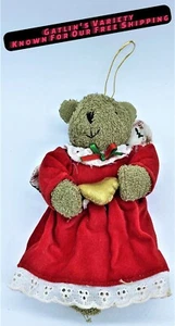 Vintage Christmas Ornament PLUSH TEDDY BEAR in Red Christmas Dress and Gold Heat - Picture 1 of 6