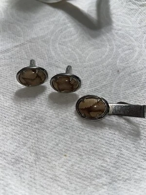 Vintage Brown Agate Silver Tone Cufflinks | Polished Stone With Tie Clip - Image 1 of 4