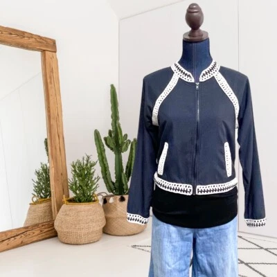 Chaqueta Bomber Free People Mujer S Crema Crochet Ribete Cremallera Frontal Gris Ligera Foto 1 de 4