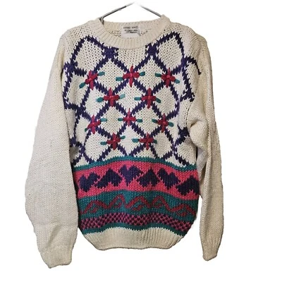 Suéter Tejido a Mano Carolina Colores Crema Rosa Púrpura Mediano Ramio Acrílico Años 90 Foto 1 de 4