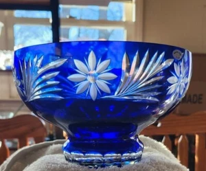 Vintage Cobalt Blue Cut To Clear Console Bowl Floral USSR Sticker - Picture 1 of 8